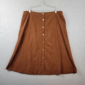 Cider Brown Corduroy Mid Rise Solid Button Midi Skirt Women's Plus 4XL Pockets